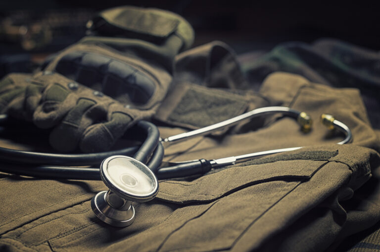Stethoscope lies on the uniform of a US soldier