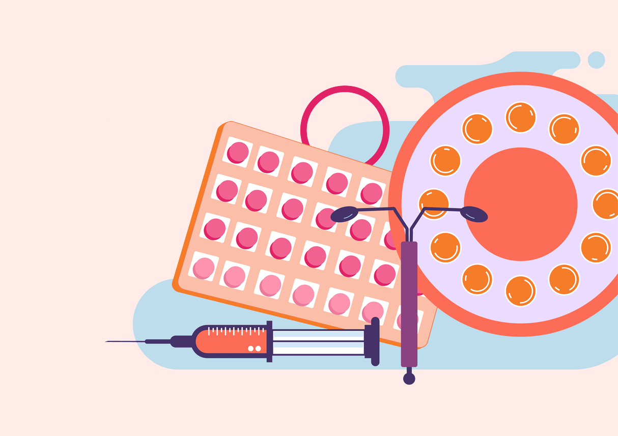 different forms of birth control, pills, IUD, and syringe