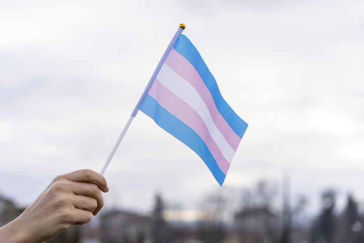 Transgender Flag being held in the sky