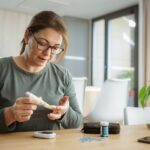 Mature diabetic woman using lancet on finger for checking blood sugar level by Glucose meter